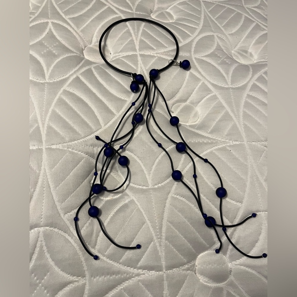 handmade long tassel rubber Choker Black necklace with dark blue resin beads